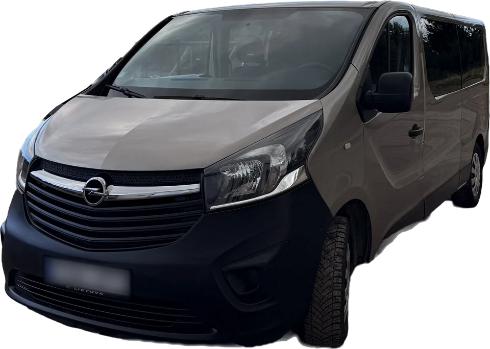 Pilkas Opel Vivaro mikroautobusas iš priekio ir šono